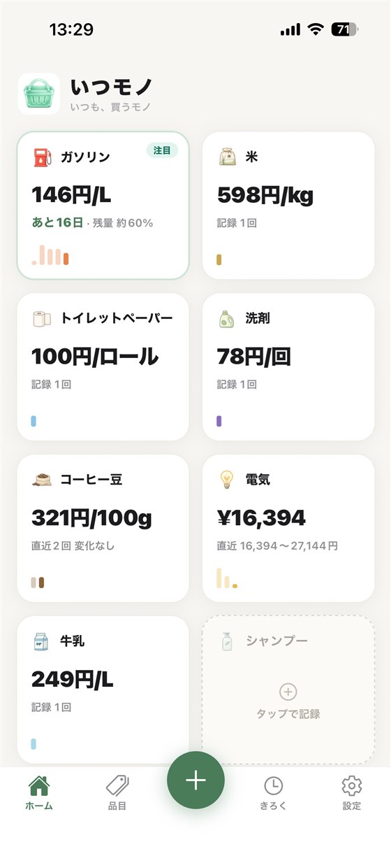 いつモノ：日用品の最新価格が並ぶホーム画面