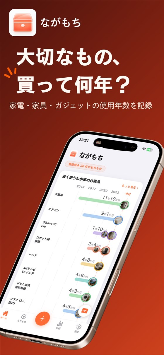 ながもち：家電・家具の使用年数を並べた「長く使うわが家の必需品」タイムライン