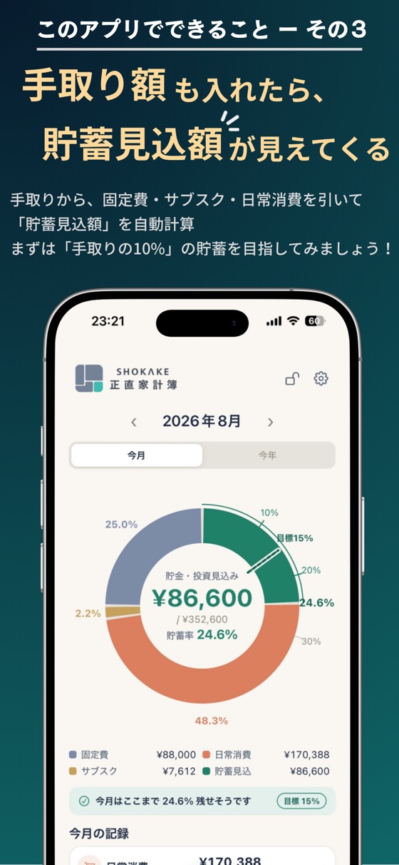正直家計簿：手取りに占める貯蓄見込みを示すホームの円グラフ